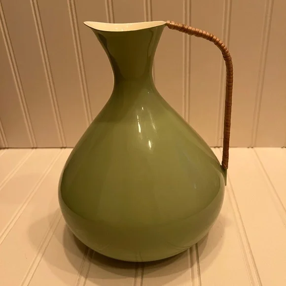 Green Ceramic Pitcher with Wicker Handle - Picture 3 of 7